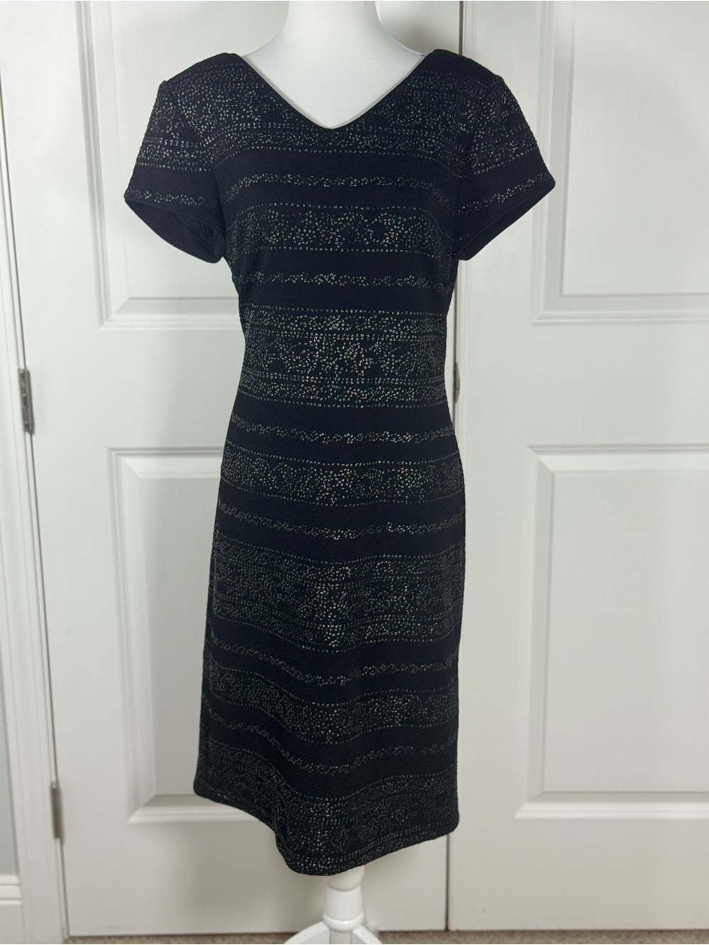 Black Beaded Cocktail Dress Metallic Evening Wedding LBD Sheath David Warren 12